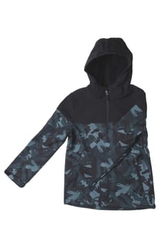 Winter jacket for children. Close-up of children's black warm jacket with hood isolated on white background. Winter fashion. Military style.