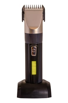 Close-up of a new black copper colored rechargeable beard and hair clipper isolated on a white background. Clipping path. Cordless hair and beard trimmer. Macro.