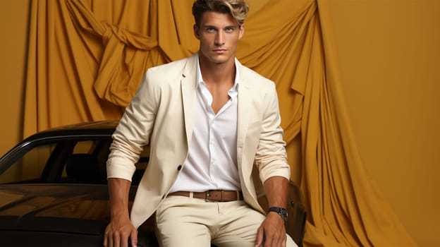 portrait of a stylish male model in a light suit sitting on the hood of a car in the studio. poster, advertisement. copy space