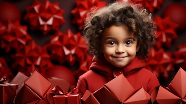 cute curly baby on background of Christmas decorations.