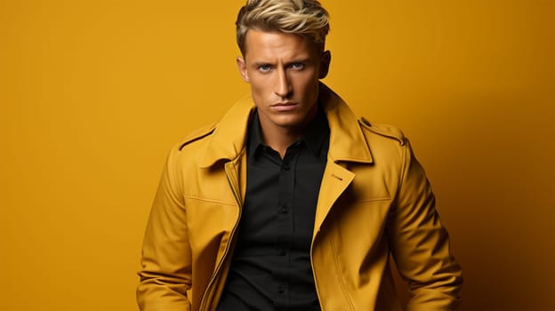 portrait of a stylish red-haired male model wearing sunglasses and yellow clothes in the studio. poster, advertisement. copy space