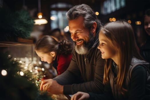 dad with children at the Christmas market. concept of family and holidays.Generative AI