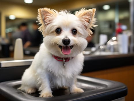 cute dog client in a pet salon. A dog undergoes a haircut procedure from a professional groomer in a grooming salon.
