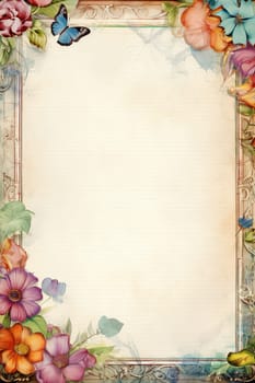 vintage antique old frame with flowers and butterfly - AI generative