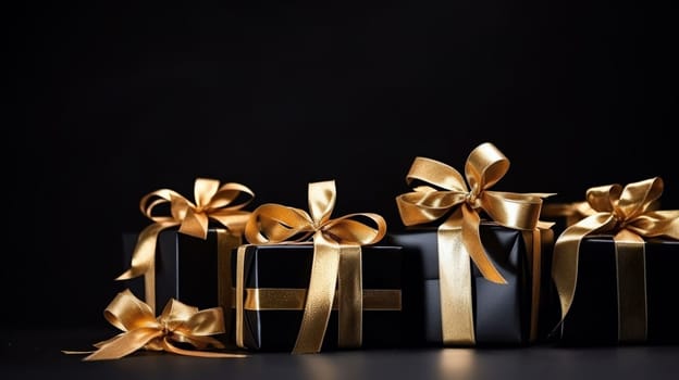 Blacck christmas gift boxes with golden ribbon in front blurred background - AI generative
