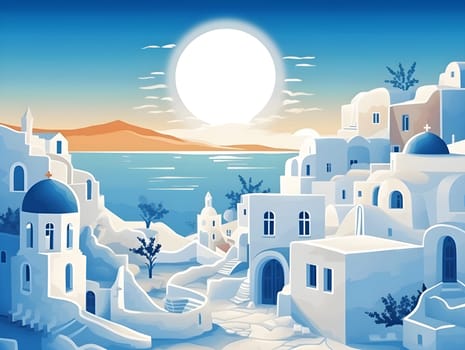 dreamlike Greek village with blue-white houses, deep blue sea and bright sun - AI generative