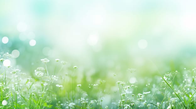 Wildflowers in fresh grass against blurred sunny background, ecology concept - AI generative