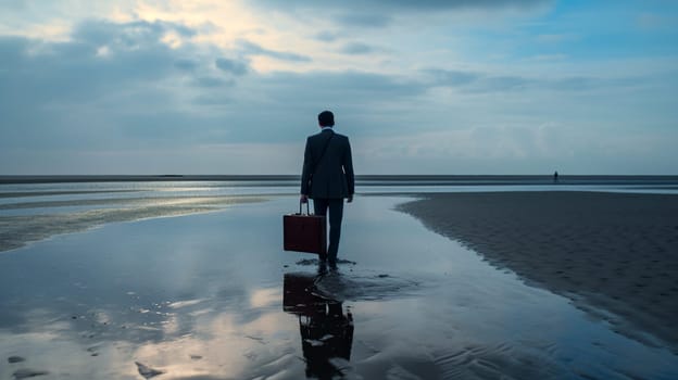 Man with suitcase walking on the on beach, evoking nostalgia, melancholy, and a sense of regret - AI generative
