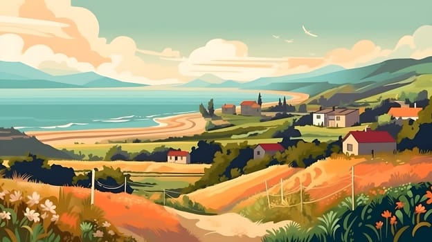 Vivid paintings of bucolic coastline landscapes under cloudy sky - AI generative