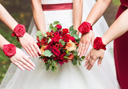 Close up of bride and bridesmaids bouquet.
