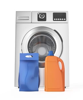 Blue washing powder bag and orange liquid detergent bottle in front of modern silver washing machine