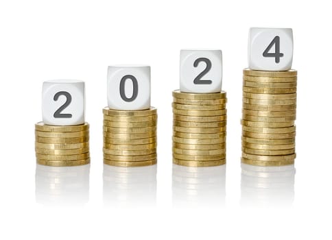 Rising coin stacks with letter dice - 2024