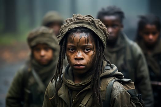 Child soldier, black african boy with dreadlocks in a group with other children, military army clothes and guns