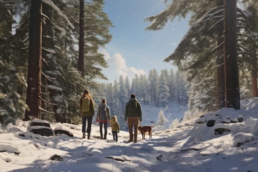 Family walking in the snow in forest on winter day. Spending leisure time close to nature. Snowy winter. Cold day. Active people. Physical activity. Healthy lifestyle. Daily routine