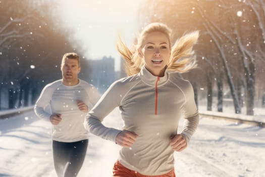 Couple running outdoor during workout on winter day. Man and woman jogging in park. Active people. People while cardio training. Physical fitness. Cardio workout. Healthy lifestyle. Daily routine. Body exercises