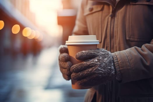Person having hot coffee on the go outdoors on winter day. Man is having a walk with hot drink. Enjoying takeaway coffee. Person dressed warm standing in a street downtown