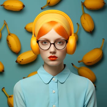 Portrait of a woman with yellow headphones, orange hair and bananas, healthy eating, harvest