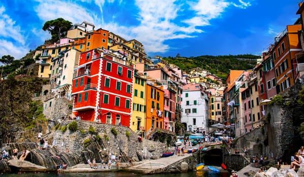 RIOMAGGIORE, ITA - SEP 17, 2023: Architecture of Riomaggiore in Liguria, Italy
