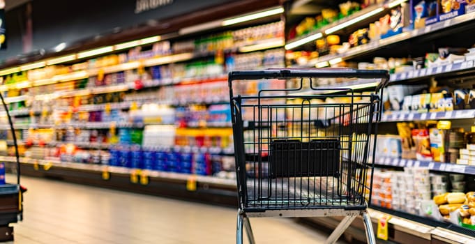 A shopping cart by a store shelf in a supermarket