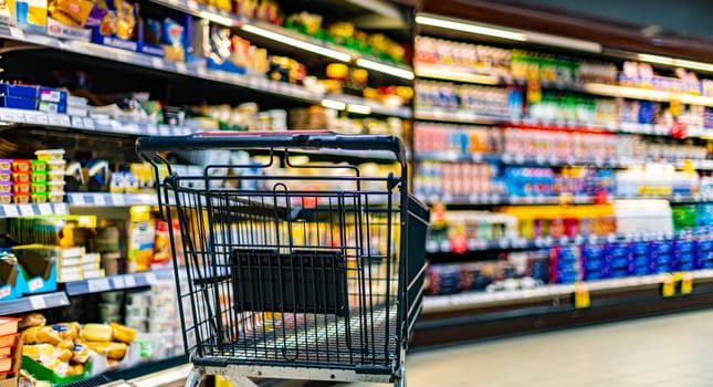 A shopping cart by a store shelf in a supermarket