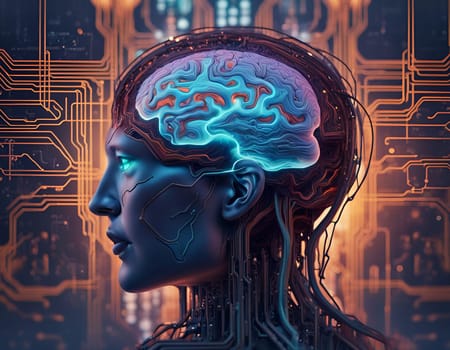 Human brain connected to printed circuit on a motherboard as a processor