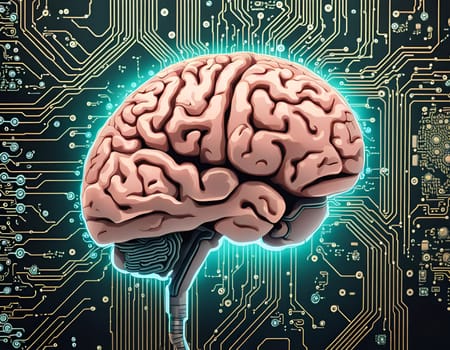 Human brain over the printed circuit as a main processor, symbol of the intelligence