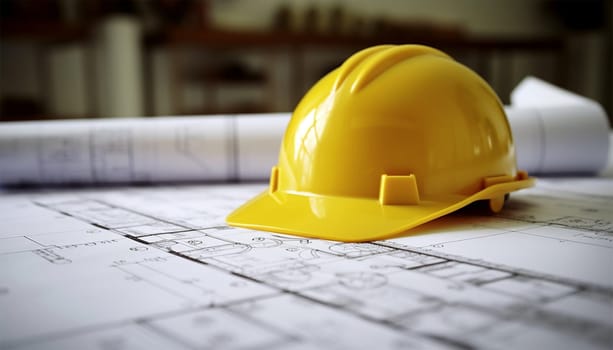 Business desk of engineer contractor with equipment, blueprint, Yellow safety helm and object. Copy space. Architect construction site. Space for text