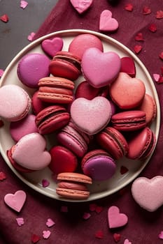 French sweet colorful heart shape cookies macarons macaroons with crumbs flying falling on vintage pink plate isolated on white background. Pastry shop card with copy space. Valentines day. Romantic concept Valentine top view