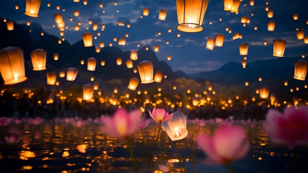 Lantern Festival background, Shangyuan Festival China. Magical flying lanterns in the colorful sky. beautiful lights sparkling. Chinese festive background beauty