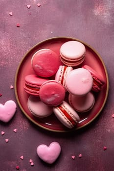 French sweet colorful heart shape cookies macarons macaroons with crumbs flying falling on vintage pink plate isolated on white background. Pastry shop card with copy space. Valentines day. Romantic concept Valentine top view