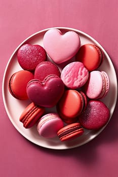 French sweet colorful heart shape cookies macarons macaroons with crumbs flying falling on vintage pink plate isolated on white background. Pastry shop card with copy space. Valentines day. Romantic concept Valentine top view