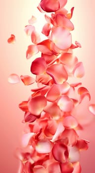 Pink rose petals on soft pink background. Petals of pink rose spa background. Realistic flying sakura cherry flower petals elements for romantic banner design. Copy space Valentine's Day concept. Space for text