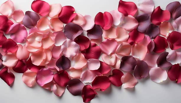 Romantic Valentine background, pink,red rose petals. Valentines Day Heart Made of Red Roses Isolated on White Background. Copy space