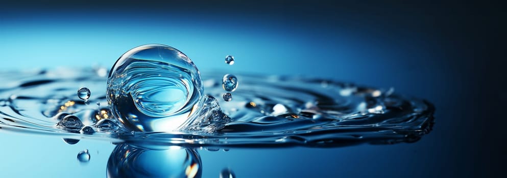 Transparent Realistic water splash with drops clear water background. Macro set splash of water with drops, a splash of falling water, a splash in the form of a crown, a splash in the form of a circle Copy space Blue colored