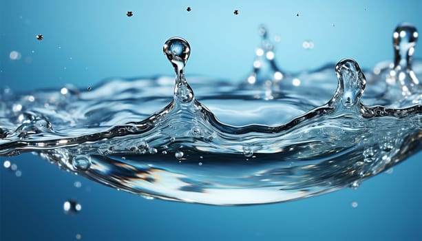 Transparent Realistic water splash with drops clear water background. Macro set splash of water with drops, a splash of falling water, a splash in the form of a crown, a splash in the form of a circle Copy space Blue colored