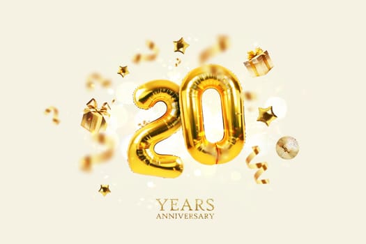 Gold festive balloons 20 years anniversary with golden confetti, presents, mirror ball and stars fly on a beige background with bokeh lights and sparks. Birthday luxury twenty card, a creative idea