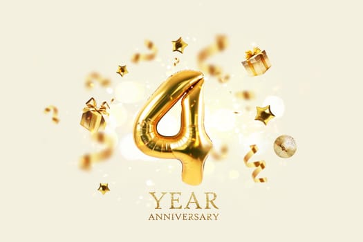 Gold festive balloons 4 year anniversary with golden confetti, presents, mirror ball and stars fly on a beige background with bokeh lights and sparks. Birthday luxury four card, a creative idea