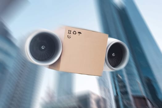 Super fast and safe delivery, creative idea. Paper box package with turbines flies in the sky in the city near modern business glass buildings. Futuristic automated drone delivery, concept
