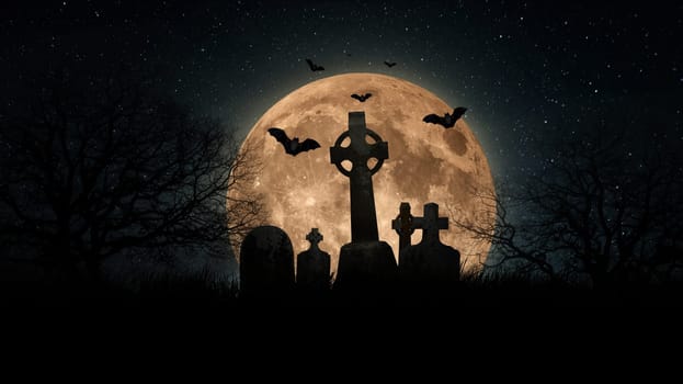 Scary night landscape with red full moon, graveyard with crosses, bats and trees at midnight halloween. Scary dark wallpaper, concept