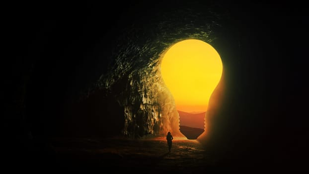 Successful businessman in the dark come out of the cave into light bulb hole, creative idea. Choice, concept. Hope and a new path. Start app. Man leader finds the right way.