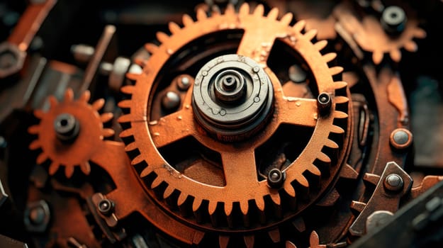 Old rusty gears close up background. Aged gears cogwheels background. AI generated