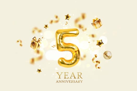 Gold festive balloons 5 year anniversary with golden confetti, presents, mirror ball and stars fly on a beige background with bokeh lights and sparks. Birthday luxury five card, a creative idea