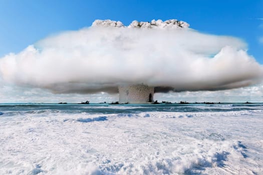 Nuclear explosion testing a hydrogen bomb at sea in water with a wave and a mushroom of smoke, concept. Nuclear war and explosion. Strength and power, creative idea