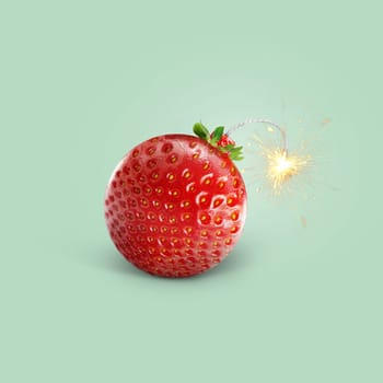 Creative juicy bomb strawberry with wick sparks on a colored green background, concept. Useful vitamins and summer time, creative idea. Fruits and a healthy lifestyle