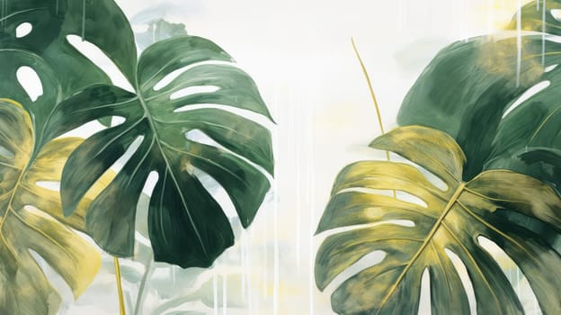 Green and yellow monstera leaves floral watercolor retro background. Generative AI design