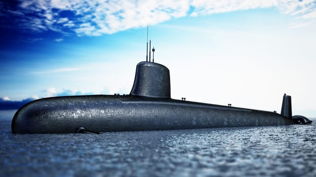 Military submarine on the sea surface . 3D illustration.