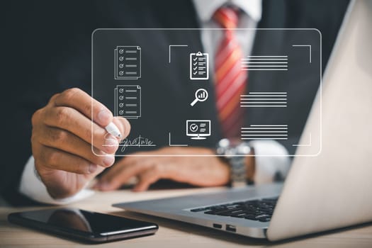 Professional businessman signs electronic documents on virtual screen using stylus pen. electronic signature concept, efficient business management, technological advancements. Agreement is confirmed.