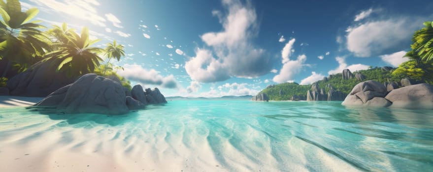 Colorful and vibrant tropical coastline with palm trees and crystal clear waters is AI Generative.