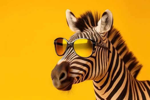 A cool zebra wearing sunglasses, its eyes protected from the sun on a hot summer day in the African savannah. A trendy and stylish accessory for this wild and fun animal. AI Generative.