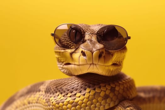 A prankster snake in shades, slithering and crawling in the sunny outdoors. A creature of humor and mischief, a fascinating fauna in tropical and desert habitats. AI Generative.